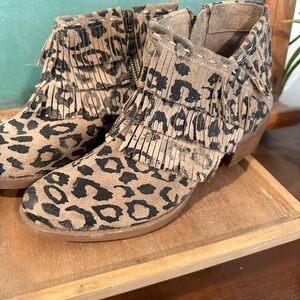 Leather Fringe Leopard Ankle Boots